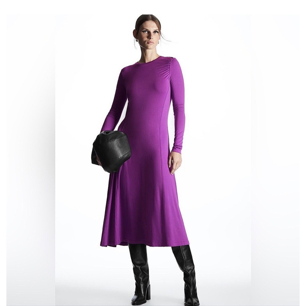 COS Orchid Midi Long Sleeve‎ Dress Jersey Ruched Chic Modern